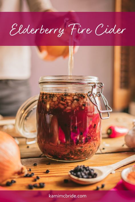 Combine the immune-supportive powers of elderberry and fire cider with this twist on the traditional fire cider recipe. Fire Cider Benefits, Herbal Kitchen, Fire Cider Recipe, Herbal Vinegar, Elderberry Recipes, Herbal Medicine Recipes, Herbal Remedies Recipes, Not Feeling Well, Medicinal Herbs Garden