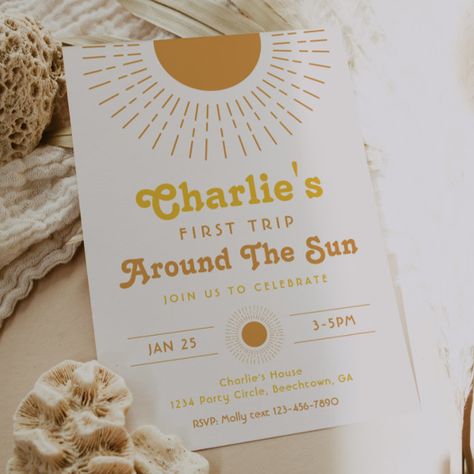 Kids Boho Party, Sun Birthday Invitation, Sun Birthday, First Trip Around The Sun, Boho Invitations, Birthday Party Design, Party Themes For Boys, Sunshine Birthday, Birthday Projects