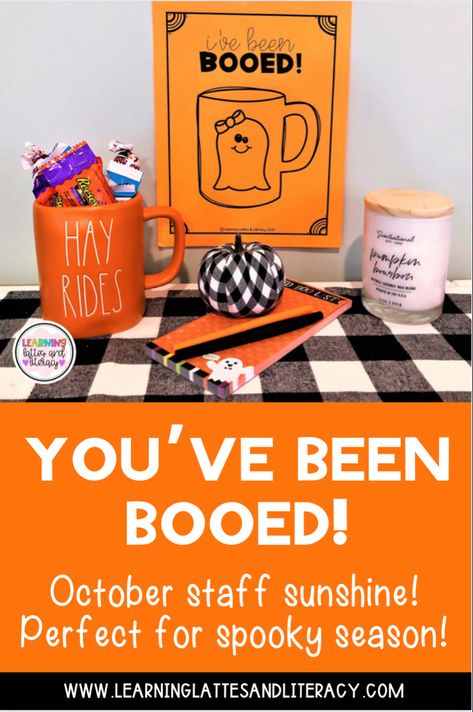 An image of the game: you’ve been booed with a Halloween mug and treats Staff Halloween Ideas, You’ve Been Mugged Game, October Staff Morale Boosters, October Staff Appreciation Ideas, Halloween Staff Appreciation Ideas, Monthly Staff Morale Boosters, Office Morale, Morale Ideas, Fall Potluck