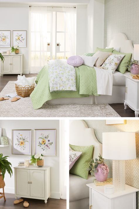 Pastel Bedrooms For Adults, Pastel Pink And Green Aesthetic Bedroom, Sage Green And Lavender Bedroom Ideas, Lavender And Sage Green Bedroom, Purple And Green Interior, Sage Green And Lilac Bedroom, Lilac And Sage Bedroom, Lilac And Green Bedroom, Green And Lilac Bedroom