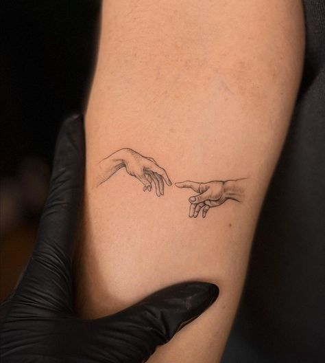 Two Hands Touching Drawing Tattoo, Angel Hands Tattoo, Two Hands Reaching For Each Other Tattoo, Hands Together Tattoo, Behind The Arm Tattoo Women, Hands Touching Tattoo, Two Hands Tattoo, Tattoos Elegant, Small Angel Tattoo