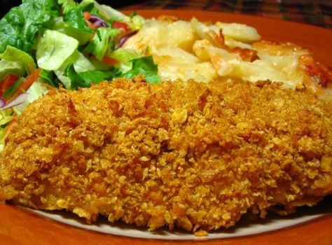 Cornflake Crusted Chicken. Made this for my boys last night and they loved it! I cut the chicken breasts into strips so it was more fun for them to eat. And since I didn't have poultry seasoning, I used Season All instead and it was great! I also mixed the seasoning in with the Cornflake and butter crust mixture. Will definitely be a regular meal! Cornflake Crusted Chicken, Crusted Chicken Recipes, Corn Flake, Crusted Chicken, Corn Flakes, Cereal Recipes, Main Meals, Chicken Recipe, Baked Chicken