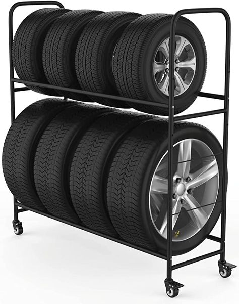 Amazon.com: Rolling Tire Rack – Metal, Adjustable, Tire Stand & Protective Cover, Included 4 Adjustable non rolling Legs [Updated 44'' L With 4 Wheels included] : Tools & Home Improvement Tire Storage Rack, Garage Hooks, Tire Storage, Garage Storage Racks, Tire Rack, Garage Organize, Rims And Tires, Garage Storage Organization, Garage Plans