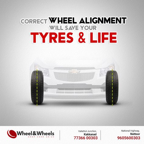 Drop into Wheel & Wheels for a FREE tyre health check up. Our expert technicians will check, inspect & ensure your tyres are safe and legal. Vallathol Jn, Kakkanad | National Highway, Nettoor. 7736600303 | 9605600303 | www.wheelandwheels.com #wheelandwheels #3DAlignment #ComputerisedWheelBalancing #CarWash #AutomatedTyreChanging #TubelessTyreRepair #ShimSetting Tyre Ads Creative, Tyre Ads, Car Wheel Alignment, Digital Marketing Facts, Travel Advertising Design, Magazine Layout Inspiration, Car Advertising Design, National Highway, Travel Advertising