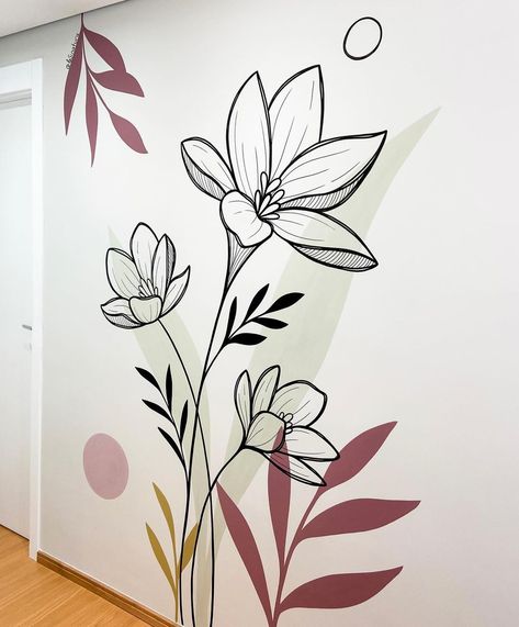 Wall Paint Flower Designs, Wall Painting Flower Design, Different Wall Painting Ideas, Room Wall Painting Bedrooms Simple, Letter A Painting Ideas, Floral Wall Painting Ideas Bedroom, Wall Flowers Painting, Wall Floral Painting, Flower Wall Painting Bedrooms