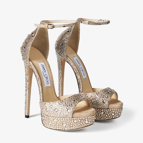 MAX 150 | Honey Gold Shimmer Suede Platform Stiletto Sandals with Hotfix Crystals | Winter 2022 collection | JIMMY CHOO Gold Jimmy Choo Heels, Designer Heels Jimmy Choo, Gold Platform Heels, Cutest Shoes, Luxury Heels, Book Pictures, Jimmy Choo Sandals, Sparkly Shoes, Jimmy Choo Heels