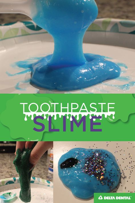 Make your own #toothpaste slime with this easy DIY slime recipe for kids. Full picture instructions on our blog. #DIYslime #kidscrafts #DeltaDentalofArizona Toothpaste Sensory Play, Dental Hygiene Science Experiments, Dental Health Science Experiment, Dental Activity For Kids, Toothpaste Experiment For Kids, Dentist Sensory Play, Teeth Experiments For Kids, Toothpaste Slime Recipe, Dental Science Experiments Kids