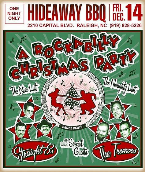 rockabilly christmas Christmas Concert Poster, Rockabilly Christmas, Christmas Party Poster, Rockabilly Art, Old Time Christmas, Christmas Concert, Hand Lettering Fonts, Christmas Catalogs, Concert Poster