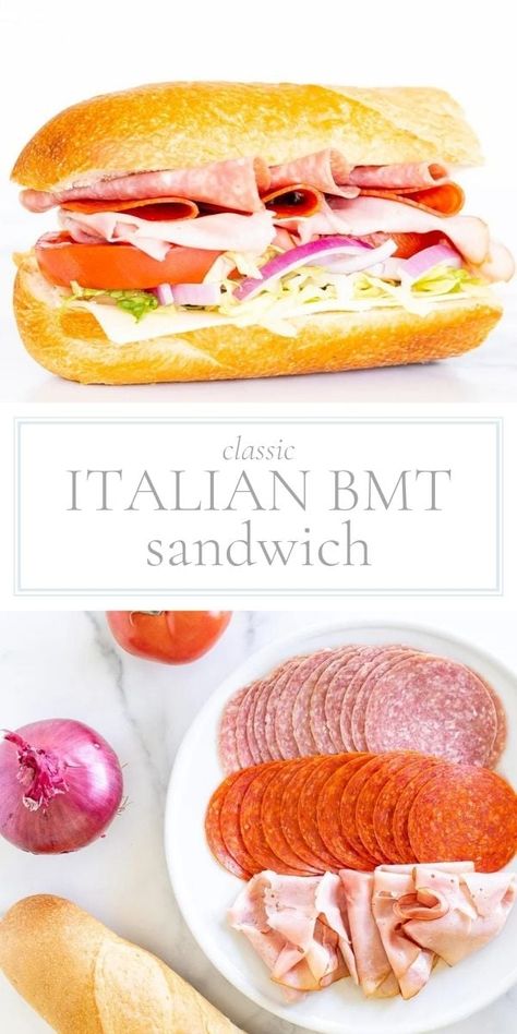 An Italian BMT sandwich is an iconic, traditional flavor combination you’re going to love. Made famous by the Subway version, you can now make it in your own kitchen! Italian Bmt Sandwich, Bmt Sandwich, Italian Sandwich Recipes, Steak Sandwich Recipes, Grilled Ham And Cheese, Subway Sandwich, Sandwhich Recipes, Italian Sandwich, Grilled Ham