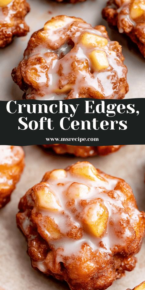 Enjoy the best of both worlds with these baked apple fritters—crispy edges and a soft, fruity center, all topped with a cinnamon-vanilla glaze. Perfect for a weekend baking project or a weekday treat! Apple Fries Baked, Apple Fritter Bake Recipe, Apple Fritter Dessert, Fried Apple Donuts Recipe, Apple Ring Fritters, Fall Festival Recipes, Sweets With Apples, Bake Apple Fritters, Cinnamon Sugar Apple Fritters