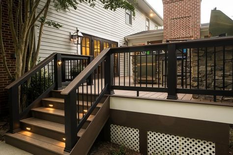 white house, black window frames, black railings, wood toned deck, white lattice Deck Railing Height, Outdoor Railings, Double Fireplace, Wood Deck Railing, Deck Stair Railing, Outdoor Stair Railing, Patio Railing, Deck Pictures, Deck Designs Backyard