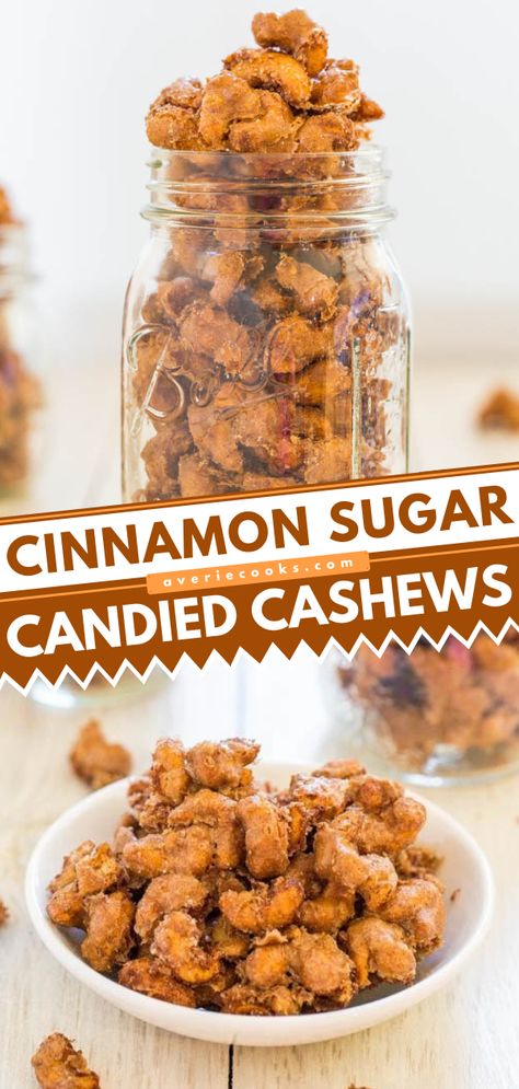 Cinnamon Sugar Candied Cashews - Averie Cooks Candied Cashews, Coconut Cashews, Cashew Recipes, Crunch Bars, Snack Mixes, Averie Cooks, Christmas Recipes Easy, Holiday Dishes, Snack Mix Recipes