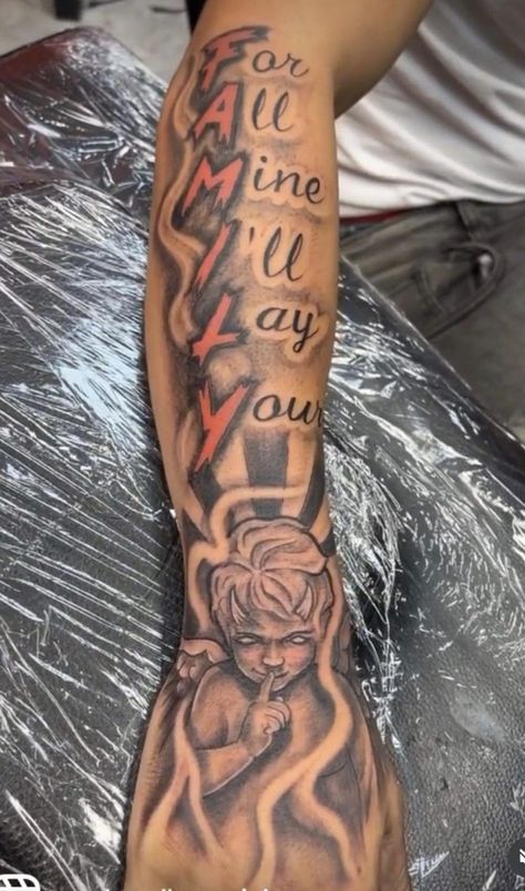 Outer Arm Half Sleeve Tattoo, Hand Tattoos With Color, Mens Outside Forearm Tattoo, Forearm Back Tattoo Men, Rare Tattoo Ideas For Men, Creative Men Tattoos, Outside Tattoo Ideas, Good Men Tattoos, My Family's Keeper Tattoo