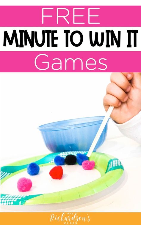 These minute to win it games are perfect for elementary classroom parties! They are all easy to set up and manage. Check out the post and grab the FREE printable with all 11 games! #classroomparty #classpartygames Engagement Party Games Activities, Elementary Games, Classroom Party Games, Games For Kids Classroom, Engagement Party Games, End Of Year Party, Minute To Win, Minute To Win It Games, Minute To Win It