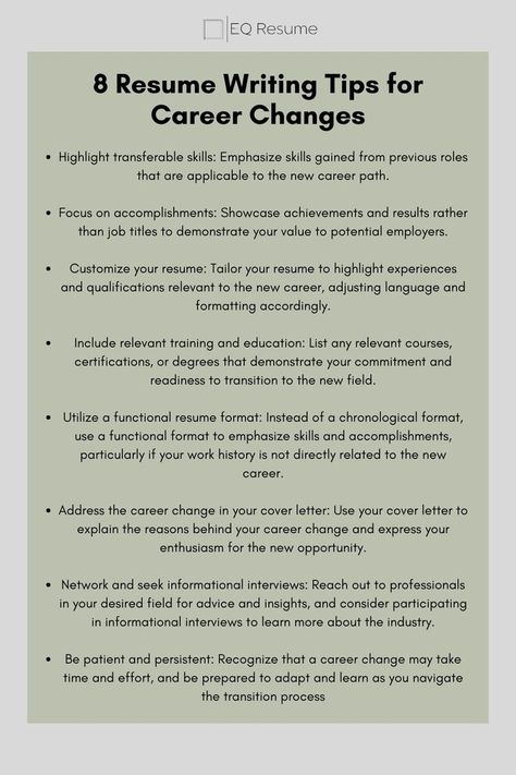 Transitioning careers? EQ Resume has you covered with 8 expert tips for crafting a winning resume. Learn how to effectively showcase your skills and experience for a successful career change. #resumetips #careerchange #EQResume #careeradvice #jobsearch #careerdevelopment #jobhunt #professionalgrowth #resumewriting #jobapplication Career Change Resume, Professional Resume Examples, Resume Advice, Career Search, Resume Writing Tips, Successful Career, Job Interview Tips, Resume Skills, Career Transition