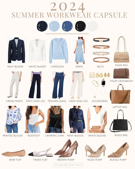 Summer 2024 Workwear Capsule - The Recruiter Mom Casual Capsule Wardrobe Summer 2024, Summer Workwear Capsule, Casual Work Outfits Summer Office Wear Jeans Women, Capsule Workwear, Business Capsule Wardrobe, Workwear Ideas, Workwear Summer, Americana Outfits, Western Office