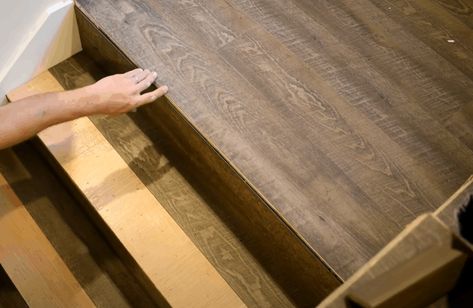 Luxury Vinyl Plank Flooring Stairs, Vinyl Plank Flooring Stairs, Vinyl Plank Flooring On Stairs, Diy Vinyl Flooring, Flooring On Stairs, How To Install Vinyl Plank Flooring, Installing Vinyl Plank Flooring, Vinyl Stair Treads, Vinyl Stair Nosing