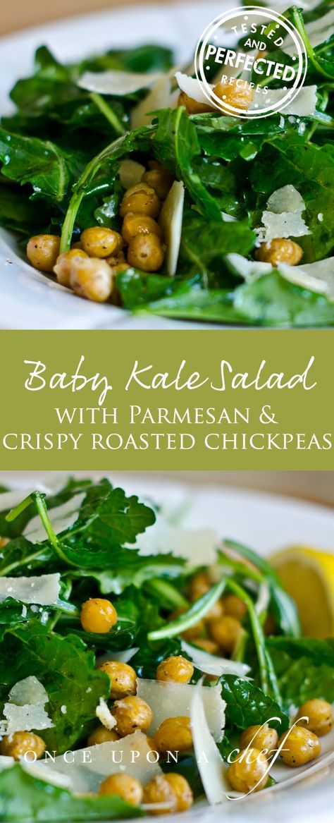 Baby Kale Salad with Lemon, Parmesan & Crispy Roasted Chickpeas Dinner Chickpeas, Crispy Roasted Chickpeas, Baby Kale Salad, Roasted Chickpea Salad, Salad With Lemon, Baby Kale, Outfit 2020, Crispy Chickpeas, Kale Recipes