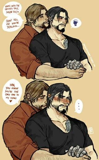 McCree comforting Hanzo Mccree Overwatch, Hanzo Shimada, Overwatch Hanzo, Overwatch Comic, Good Omens Book, Overwatch Fan Art, Overwatch 2, Two Men, Gay Art