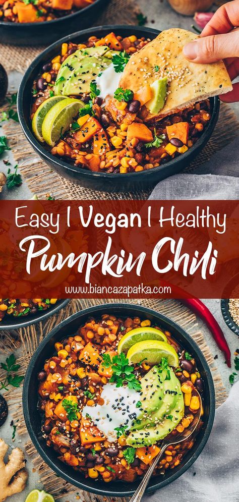 Vegan Pumpkin Chili with Lentils and Beans Plant Based Chilli Recipes, Vegan Pumpkin Chili Recipe, Pumpkin Lentil Chili, Pumpkin Chili Vegetarian, Chili With Lentils, Vegan Pumpkin Chili, Lentils And Beans, Vegetarian Pumpkin Chili, Pumpkin Chilli