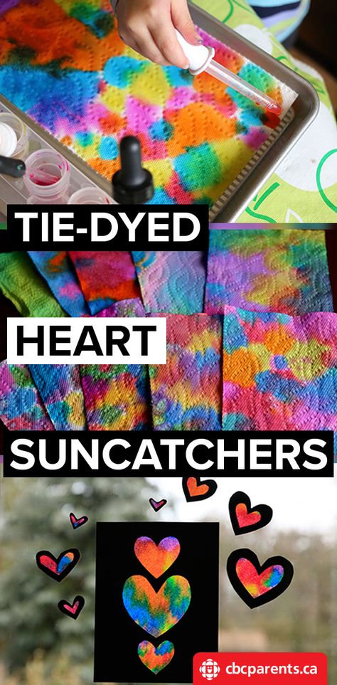 Heart Projects For Preschoolers, Valentines Craft For School Age Kids, Tie Dye Crafts For Kids Art Projects, Tye Dye Crafts For Preschoolers, Mothers Day Suncatcher Craft, Valentines Suncatcher Craft, Vday Crafts For Kids Classroom, Valentine Day Projects For Kids, Heart Sun Catcher Craft For Kids