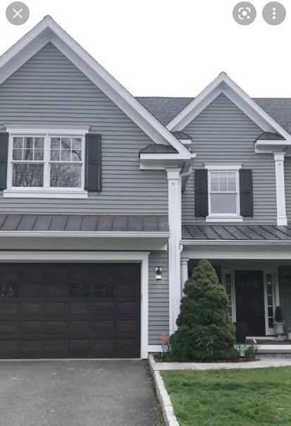 Gray House Paint, Charcoal Garage Door, Best White Exterior Paint Colors, Dark Gray House Exterior, Grey Siding House, Dark Gray House, House Trim Exterior, Grey House Paint, Gray Fence