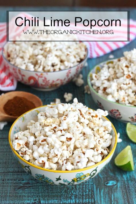 Stovetop Chili Lime Popcorn! Chili Popcorn, Lime Popcorn, Healthy After School Snacks, Crusted Halibut, Stovetop Chili, Mango Chili, Stovetop Popcorn, Real Food Snacks, Healthy Popcorn