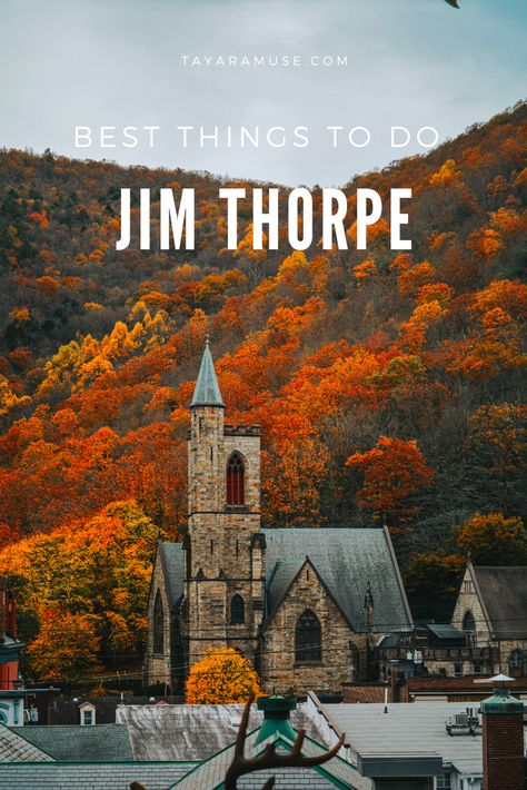 Check out this hidden gems in Pennsylvania - the cutest town there is to visit: explore Jim Thorpe. Are you looking for things to do in the fall? This is the best autumn getaway hidden in the mountains. What to do in PA | Pennsylvania Hidden Gems | Getaway in the Poconos #VisitPA #FallTrips #UStravel #Falldestinations Poconos Pennsylvania Fall, Jim Thorpe Pennsylvania, Poconos Pennsylvania, Jim Thorpe Pa, Delaware Water Gap, Jim Thorpe, The Poconos, Road Trip Map, Pennsylvania Travel