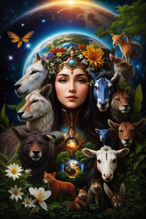 Explore the beauty of Gaia, the mother earth, surrounded by animals and a stunning woman's face in a galactic setting. 🌍🌌 #Gaia #MotherEarth #GalacticBeauty #AnimalArt #NatureInspired #CelestialArt #EarthGoddess #GalacticArt #SpaceArt Gaia Mother Earth, Gaia Goddess, Mother Earth Art, Velvet Cloth, Mother Tattoos, Earth Goddess, Nature Hd, Angel Guidance, Vintage Witch