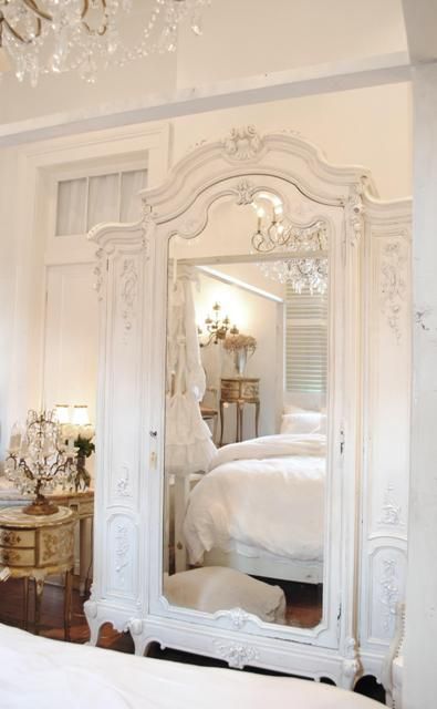 #WhitePaintedFurniture #VintageMirror #PaintedFurniture By {Inessa Stewart's Antiques In Style} Daily Luxury, White Armoire, Shabby Chic Decorating, Muebles Shabby Chic, Shabby Chic Dresser, Dekorasi Kamar Tidur, Mirror On The Wall, Chic Bedroom, White Bedroom