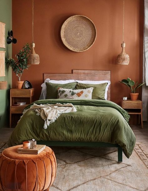 Olive Green Accent Wall with Terracotta Bedside Tables Grey Green Orange Bedroom, Green And Terracotta Color Scheme Bedroom, Olive Green And Orange Bedroom, Clay Wall Bedroom, Orange Brown And Green Bedroom, Bedroom Decor Terracotta, Ideas For Behind The Bed, Orange And Sage Bedroom, Dark Green Terracotta Bedroom