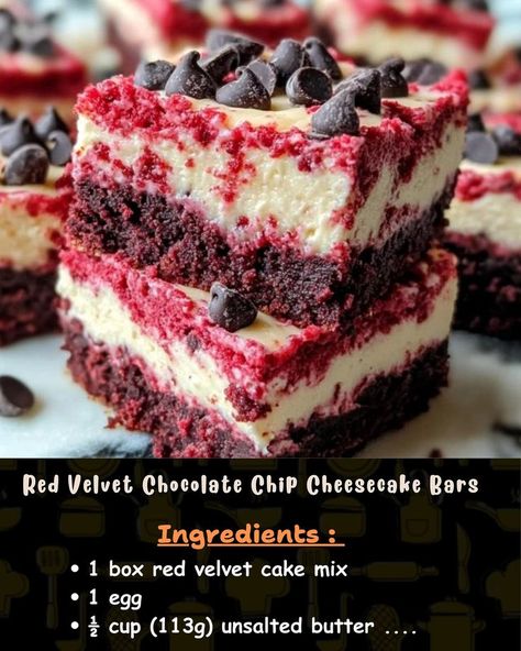 Ingredients: 1 box red velvet cake mix 1 egg ½ cup (113g) unsalted butter, softened... Red Velvet Cake Mix Recipes, Box Red Velvet Cake, Red Velvet Chocolate, Chocolate Chip Cheesecake Bars, Red Velvet Cake Recipe, Red Velvet Cake Mix, Chocolate Chip Cheesecake, Red Velvet Cheesecake, Christmas Cake Recipes