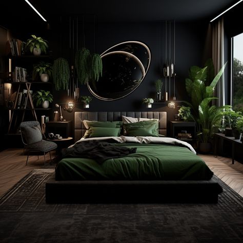 Step into this stunning bedroom where cosmic vibes meet earthy greens. The bold black walls and vibrant plants create a serene yet edgy sanctuary perfect for unwinding. 🌌💚 What’s your favorite part of this celestial-inspired retreat? Let me know below! #BedroomGoals #CosmicDecor #GreenAndBlack #ModernBedroom #InteriorDesignInspiration #EarthyVibes #BoldInteriors #NatureInspired #LuxuryBedroom #InteriorGoals #DesignInspo #HomeDecorLovers #ContemporaryLiving #SereneSpaces #DreamBedroom #Modern... Masculine Black Bedroom, Black And Greenery Bedroom, Black And Green Modern Bedroom, Black Gold Emerald Bedroom, Dark Green Room Inspo Bedroom, Black Color Scheme Bedroom, Black Bedroom Decor Aesthetic, Black Earthy Bedroom, Black Bedroom Men