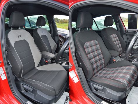 VW Golf MK7 GTI replica sit on top seat covers. These were manufactured for a customer who wanted to protect the original seats but didn't want to take away from the original interior design. We were lucky enough to be loaned this VW Golf R to test fit and take pictures Polo Car, Mk7 Gti, Volkswagen Vans, 2015 Cars, Temple Design For Home, Golf 6, Golf R, Vw Polo, Temple Design