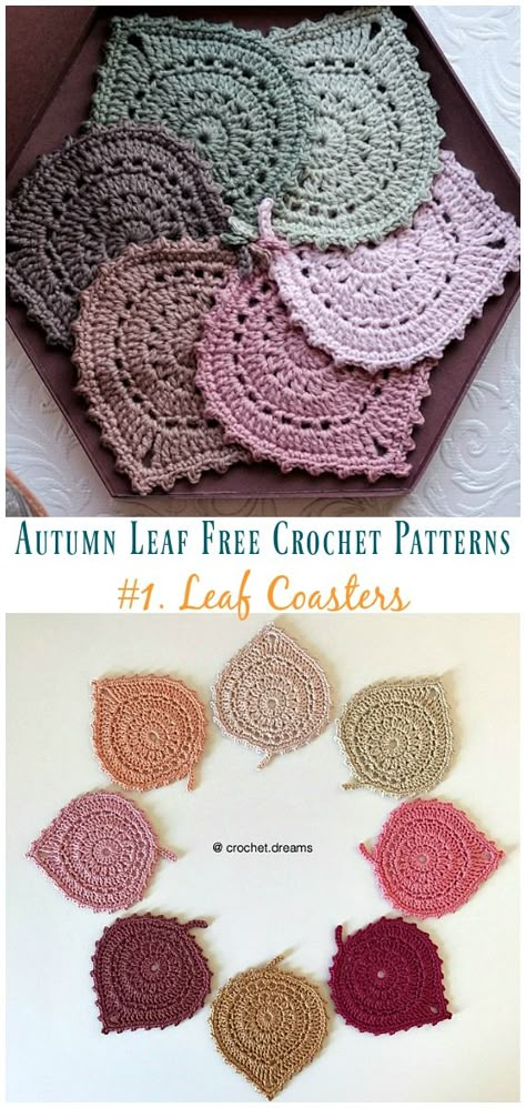 Leaf Coasters Crochet Free Pattern - Autumn #Leaf; Free #Crochet; Patterns Crochet Leaf Coaster With Pot, Leaf Coaster Crochet, Crochet Placemats Free Pattern, Leaf Coaster, Leaf Coasters, Coasters Crochet, Crochet Coasters Free Pattern, Pattern Leaf, Easy Knitting Projects