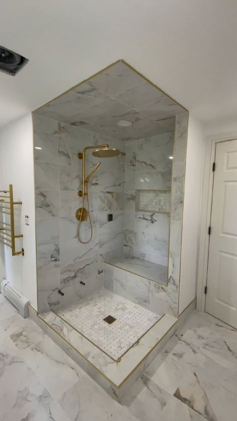 Bathroom Remodel White And Gold, White Grey And Gold Bathroom, Tile Shower With Gold Fixtures, Brushed Gold Shower Fixtures, Bathroom Ideas Gold Fixtures, Gold Trim Bathroom, Grey And Gold Bathroom, Brushed Gold Bathroom Fixtures, Gold Tiles Bathroom