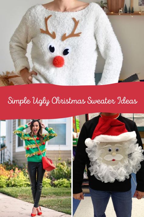 Kids Tacky Christmas Sweater Diy, Easy Dyi Ugly Christmas Sweaters, Reindeer Inspired Outfit, Easy Diy Ugly Christmas Sweater Ideas, Diy Ugly Christmas Sweater Men, Diy Christmas Sweatshirts Ideas, Diy Christmas Ugly Sweater Ideas, Home Made Ugly Christmas Sweater Ideas, How To Make An Ugly Christmas Sweater