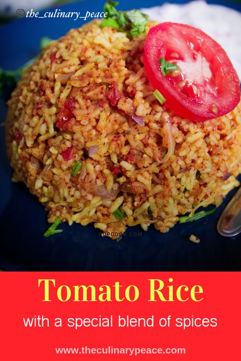 Tomato rice is a one-pot meal variety made of rice, tomatoes and a unique blend of Indian spices. This Indian tomato rice recipe is very easy, simple to make, vegan and can be quickly done in a pressure cooker or an instant pot. #tomatorice #onepotmeal #ricevarieties #vegan #indianspices #lunchboxideas #indianvegetarian #southindian #theculinarypeace Rice Tomatoes Recipes, Tomato Fried Rice Recipe, Rice Tomato Recipe, Rice And Diced Tomatoes, Rice With Tomato Sauce, Tomato Bath Recipe, Indian Tomato Rice, Rice Biryani, Tomato Rice Recipe