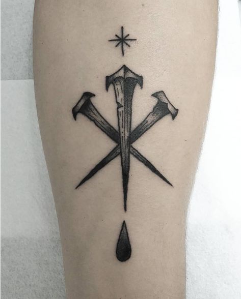 Three Nails Tattoo, Railroad Spike Tattoo, 3 Nails Tattoo, Ichthys Tattoo, Cool Cross Tattoos, Blood Tattoo, Catholic Tattoos, Biblical Tattoos, Nails Tattoo