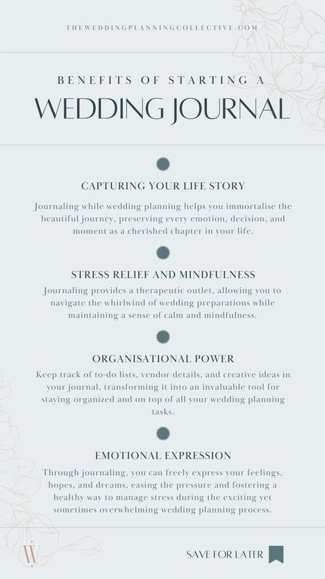 Infographic highlighting 4 benefits of starting a wedding journal. Learn how journaling enhances the planning journey, captures memories, sparks creativity, and fosters emotional expression for a truly enriching experience. Wedding Journal Prompts, Wedding Journal Ideas, Wedding Journal, Journaling Prompts, Commitment Ceremony, Planning Process, By Your Side, Cherished Memories, Journal Prompts