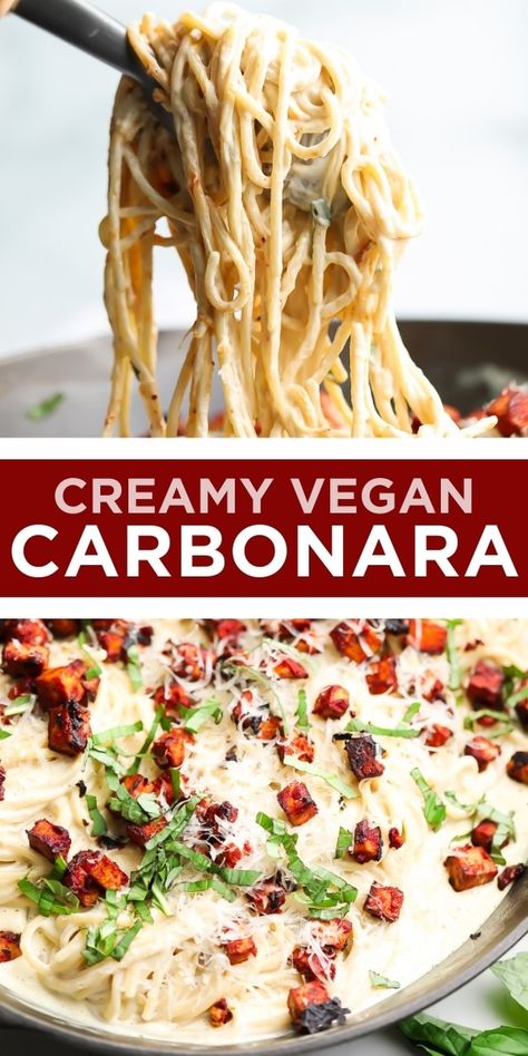 Vegan Carbonara, Vegan Pasta Dish, Pastas Recipes, Vegan Pasta Recipes, Vegan Italian, Delicious Pasta, Spaghetti Noodles, Vegan Parmesan, Vegan Pasta