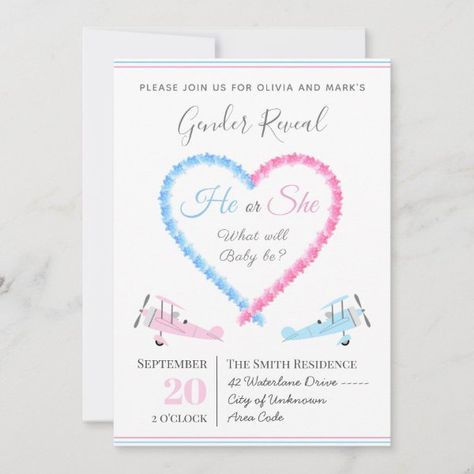 Blue Pink Love Heart Smoke Airplane Gender Reveal Invitation Airplane Gender Reveal, Airplane Invitation, Gender Reveal Decor, Blue Airplane, Pink Love Heart, Pregnancy Announcements, Gender Reveal Invitations, Baby Gender Reveal, Reveal Ideas