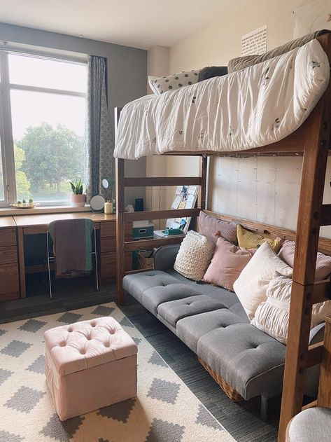 Futon Dorm Room Layout, Loft Bed Over Futon, Couch Under Bed Dorm, Couch Under Dorm Bed, Lofted Bed With Couch, Dorm Room Ideas With Futon, Futon Dorm Room, Loft Bed With Futon Underneath, Dorm Bed Into Couch