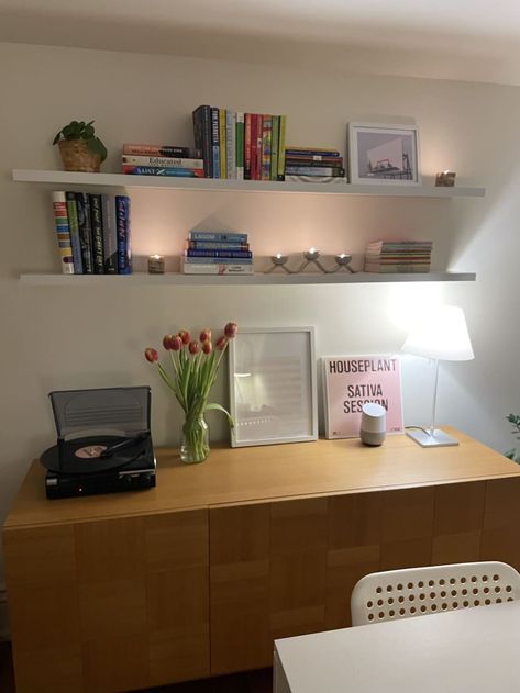 Floating Wooden Shelf, Book Shelf Over Desk, Book Shelves Over Desk, White Floating Shelves Above Sideboard, Long Shelves Decor, Desk And Shelves In Bedroom, Shelves On Top Of Desk, Shelves Above Dresser Bedrooms, Bedroom With Shelves On Wall