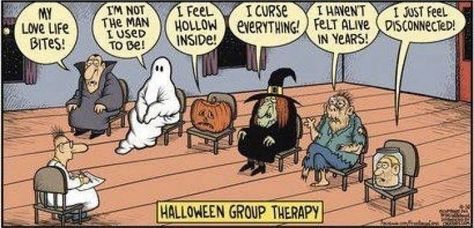 Freakin Friday #11 - Halloween Humor - Group Therapy for the Supernatural! | fundinmentalfundinmental Funny Halloween Memes, Halloween Meme, Therapy Humor, Psychology Humor, Halloween Humor, Halloween Group, Halloween Jokes, Halloween Memes, Group Therapy