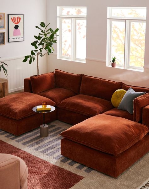 Brick Colored Couch, Living Room Decor Orange Sofa, Burnt Umber Couch, Colorful Velvet Couch, Burnt Orange Velvet Sofa, Rust Velvet Couch, Burnt Orange Couch Living Room Ideas, Rust Sofa Living Room Ideas, Corduroy Sofa Living Room