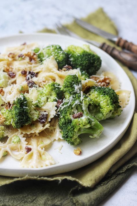 Pasta Salad With Raisins, Salad With Raisins, Fresh Dishes, Salad Dishes, Vegan Parmesan, Midweek Meals, Bowtie Pasta, Hearty Dinner, The Suburbs