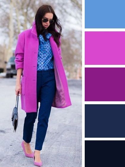 Bright Pink Outfit Ideas, Navy And Fuschia Outfit, Magenta Shirt Outfit Women, Bright Winter Outfits Casual Street Styles, Bright Winter Outfit Ideas, Magenta Jacket Outfit, Magenta Color Combinations Outfit, Magenta Shirt Outfit, Navy Color Combinations Outfits