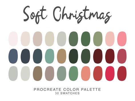 Christmas Procreate Color Palette, iPad Procreate Illustration, Soft Christmas color swatches for Procreate Art door VIBESLABEL op Etsy Procreate Christmas Palette, Farmhouse Christmas Color Palette, Soft Christmas Color Palette, Christmas Procreate Palette, Christmas Color Pallettes, Procreate Palates, Vintage Christmas Colors, Christmas Color Palette 2023, Boho Christmas Color Palette