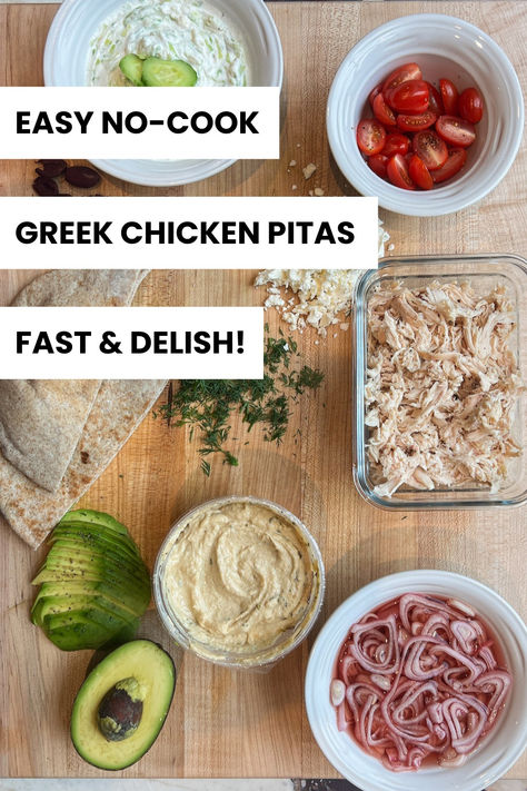 These no-cook Greek Rotisserie Chicken Pitas are a family favorite, especially on busy nights! The Greek-inspired pita pockets are stuffed with rotisserie chicken, homemade tzatziki, and all of your favorite chicken pita wrap toppings for tons of Mediterranean flavor! Chicken Pita Wrap, Chicken Pita Pockets, Greek Chicken Pita, Chicken Pitas, Easy Greek Chicken, Pita Wrap, Chicken Pita, Pita Pockets, Homemade Tzatziki